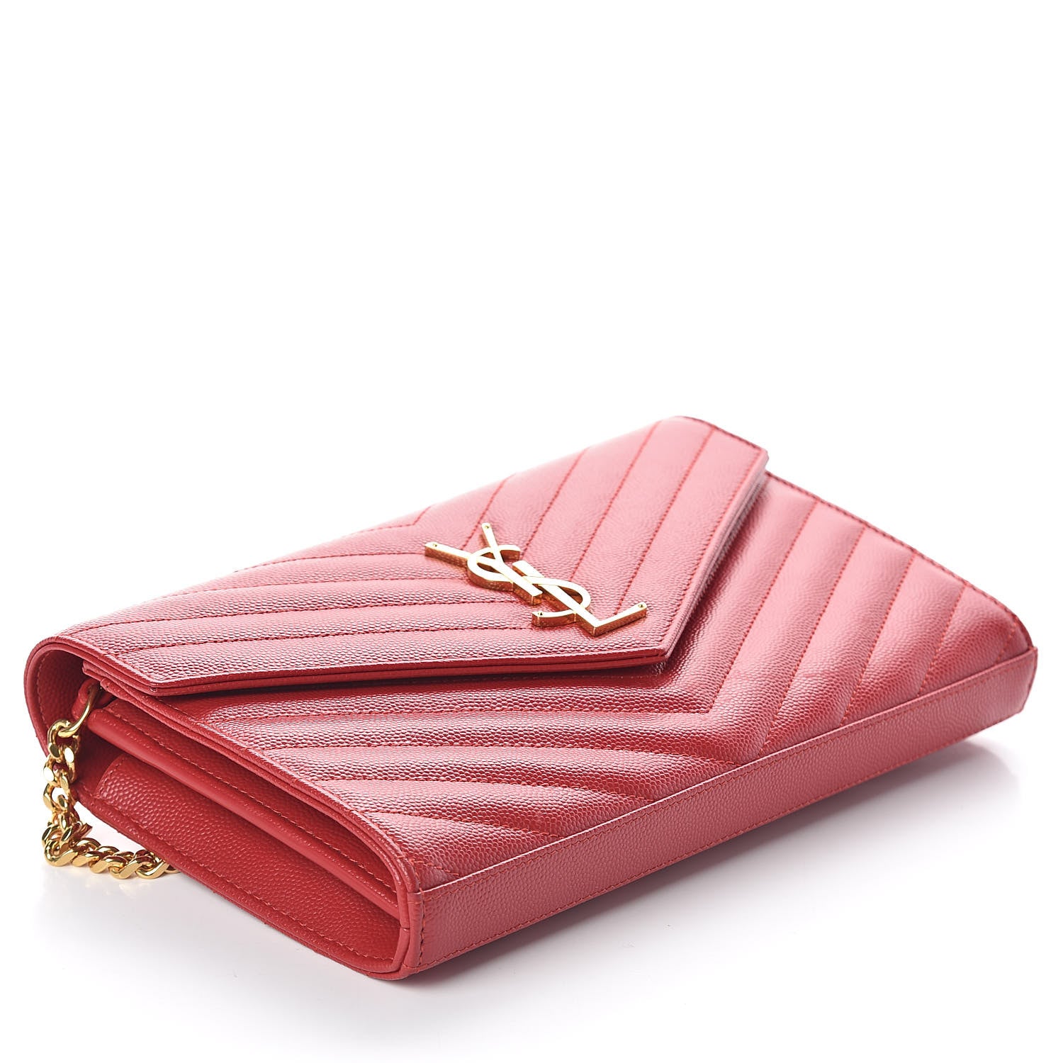 Saint Laurent Grain De Poudre Matelasse Chevron Monogram Chain Wallet New Red 4 of 9