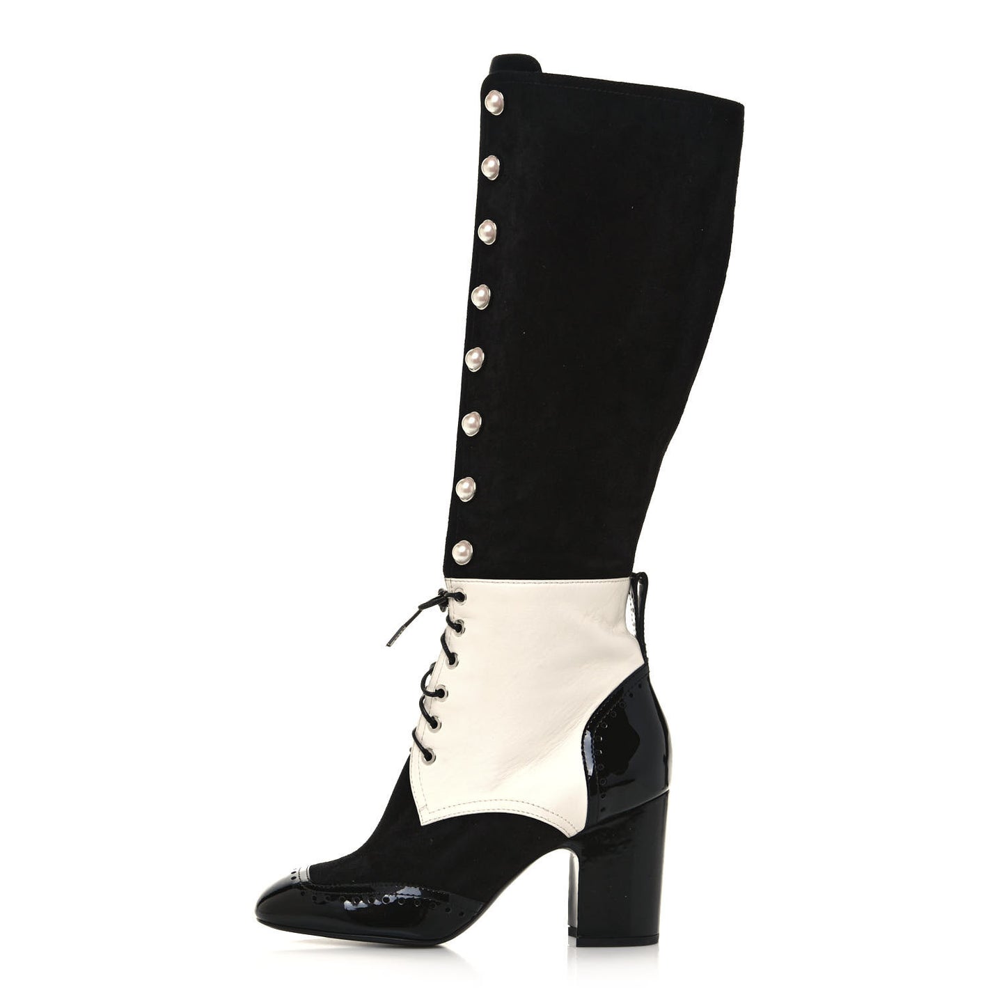 Kid Suede Lambskin Patent Calfskin Pearl Lace Up High Boots 38.5 Black Ecru