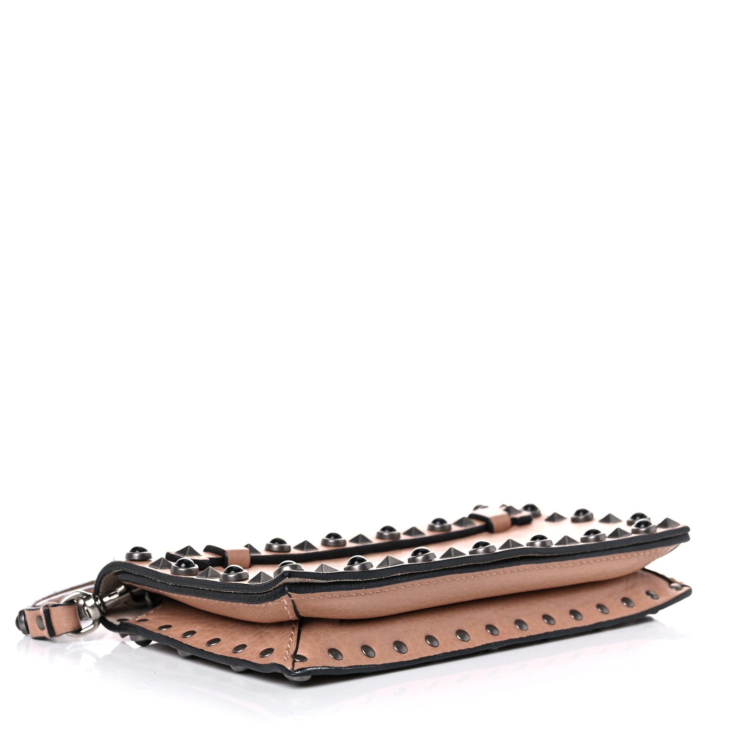 Pebbled Calfskin Onyx Small Rockstud Rolling Wristlet Clutch Soft Noisette