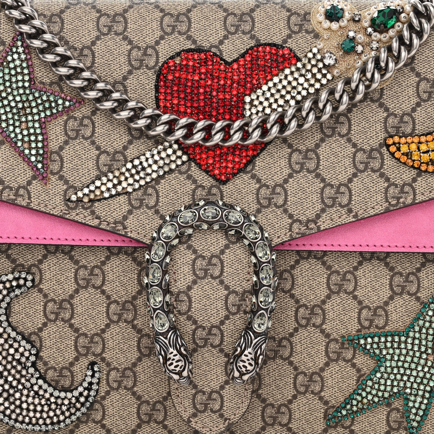 Gucci GG Supreme Monogram Suede Pierced Heart Embroidered Medium Dionysus Shoulder Bag Beige Ebony Pink Tropical Flower 9 of 12