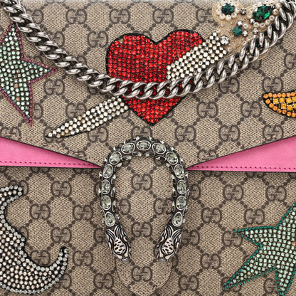Gucci GG Supreme Monogram Suede Pierced Heart Embroidered Medium Dionysus Shoulder Bag Beige Ebony Pink Tropical Flower 9 of 12