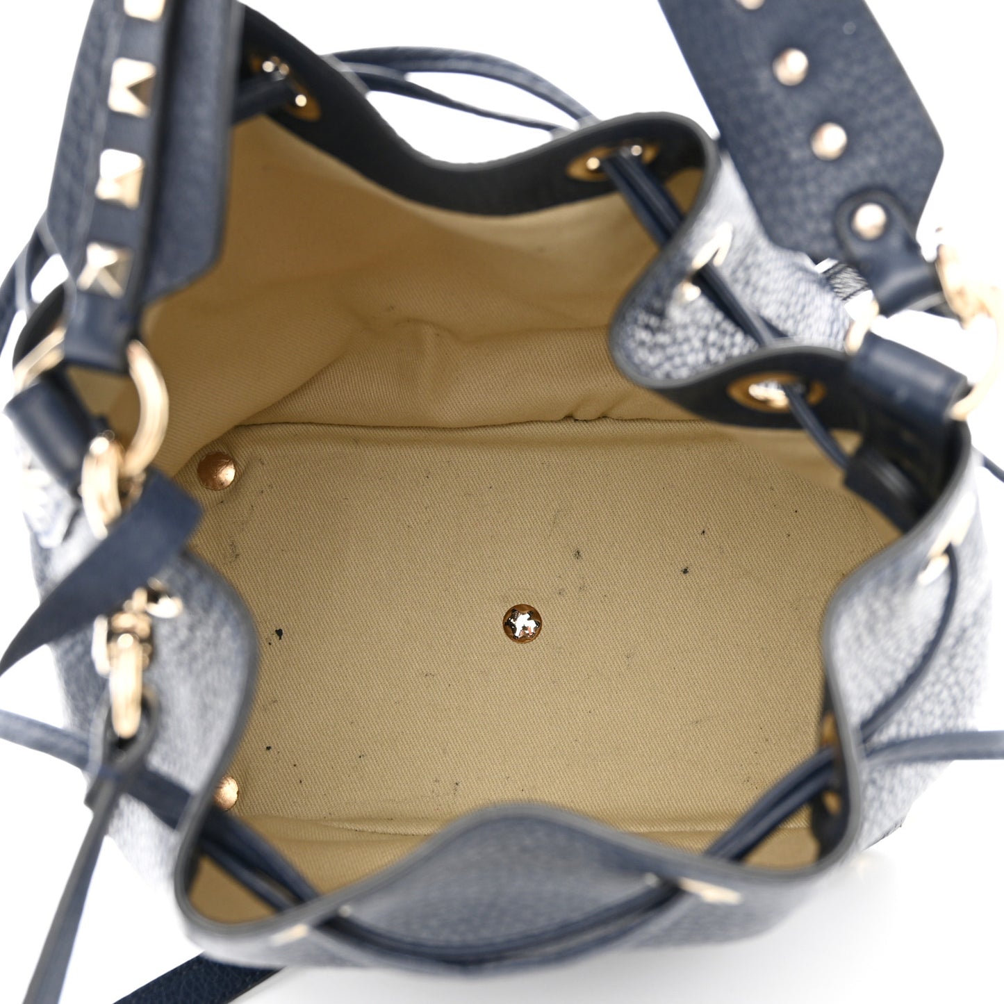 Pebbled Calfskin Small Rockstud Bucket Bag Navy