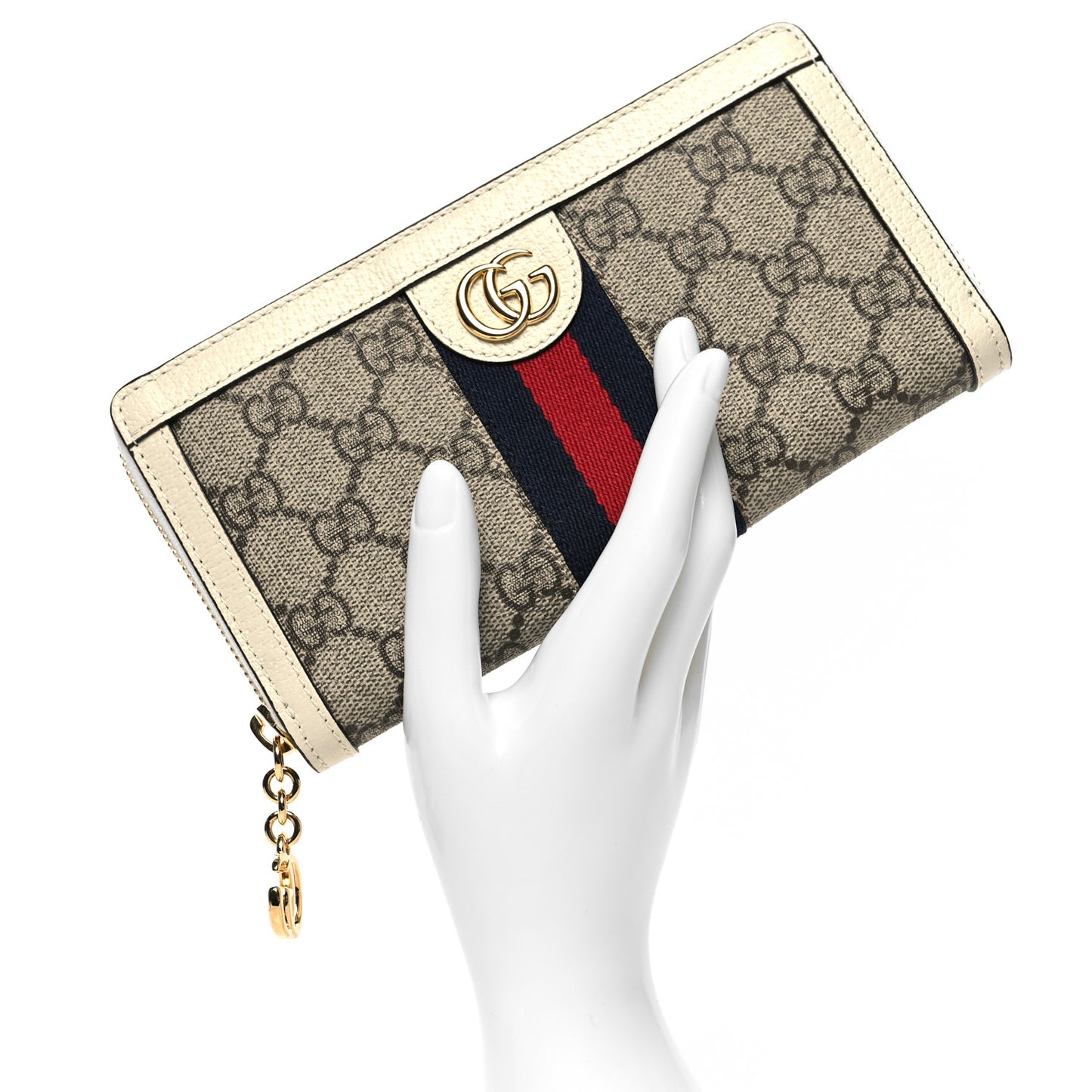 GG Supreme Monogram Textured Dollar Calfskin Web Ophidia Zip Around Wallet Beige Ebony Mystic White