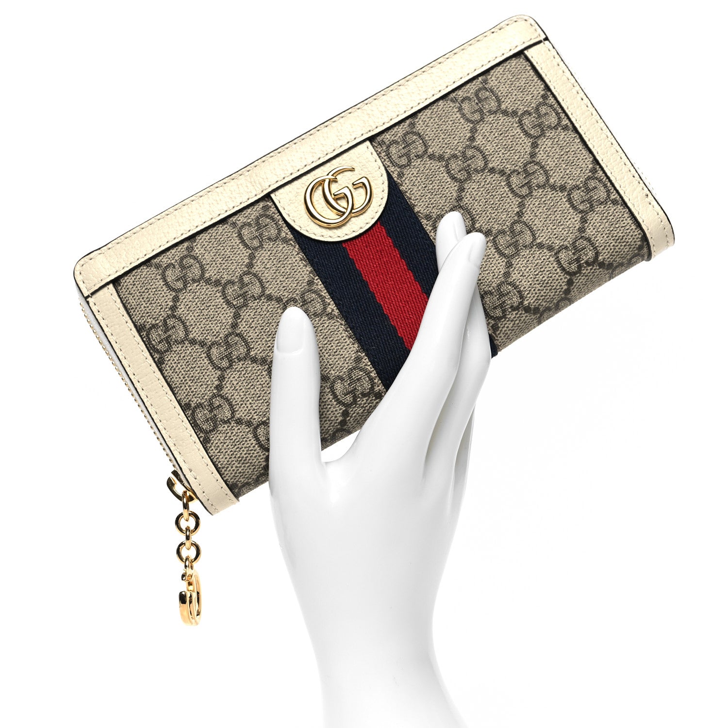 Gucci GG Supreme Monogram Textured Dollar Calfskin Web Ophidia Zip Around Wallet Beige Ebony Mystic White 2 of 10