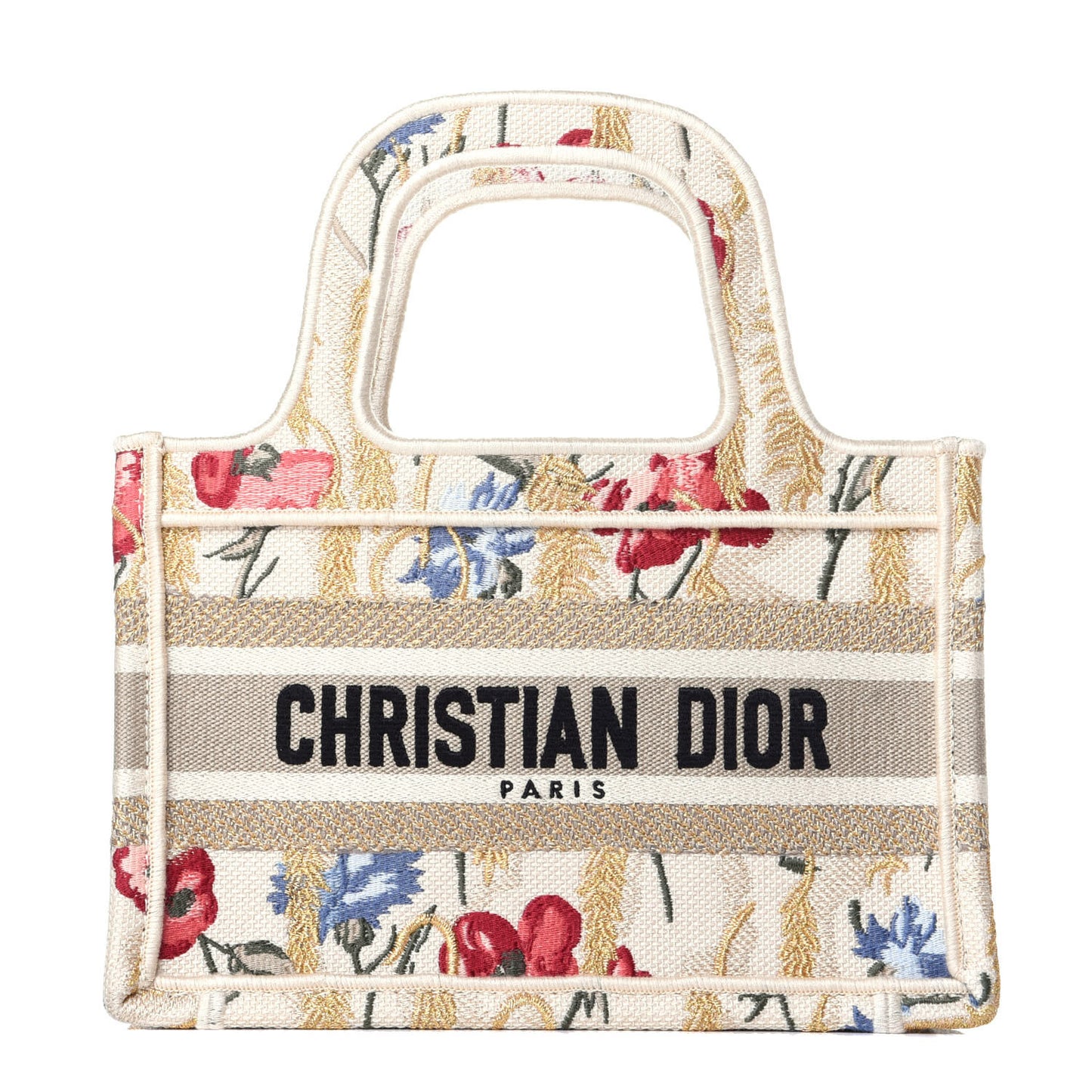 Canvas Embroidered Hibiscus Printed Mini Book Tote Beige Multicolor