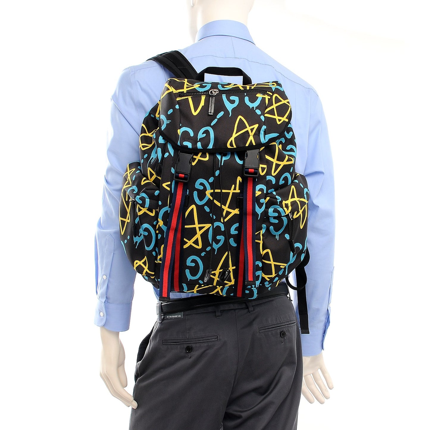 Techno Canvas GucciGhost Double Buckle Backpack Black New Acquamarine