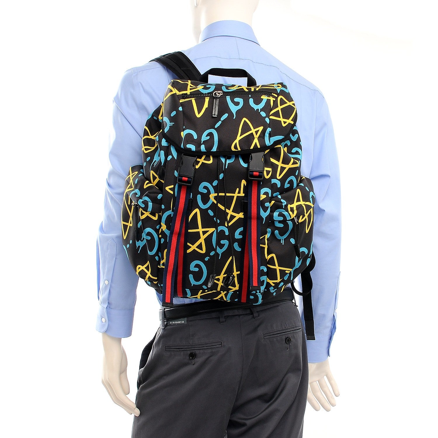 Gucci Techno Canvas GucciGhost Double Buckle Backpack Black New Acquamarine 2 of 7