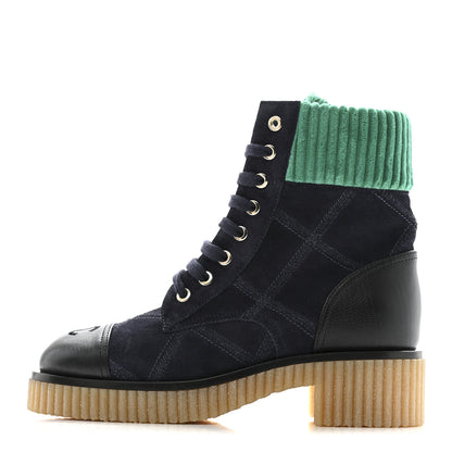 Chanel Suede Calfskin Velvet Quilted CC Combat Boots 36 Navy Green Black 1 of 12