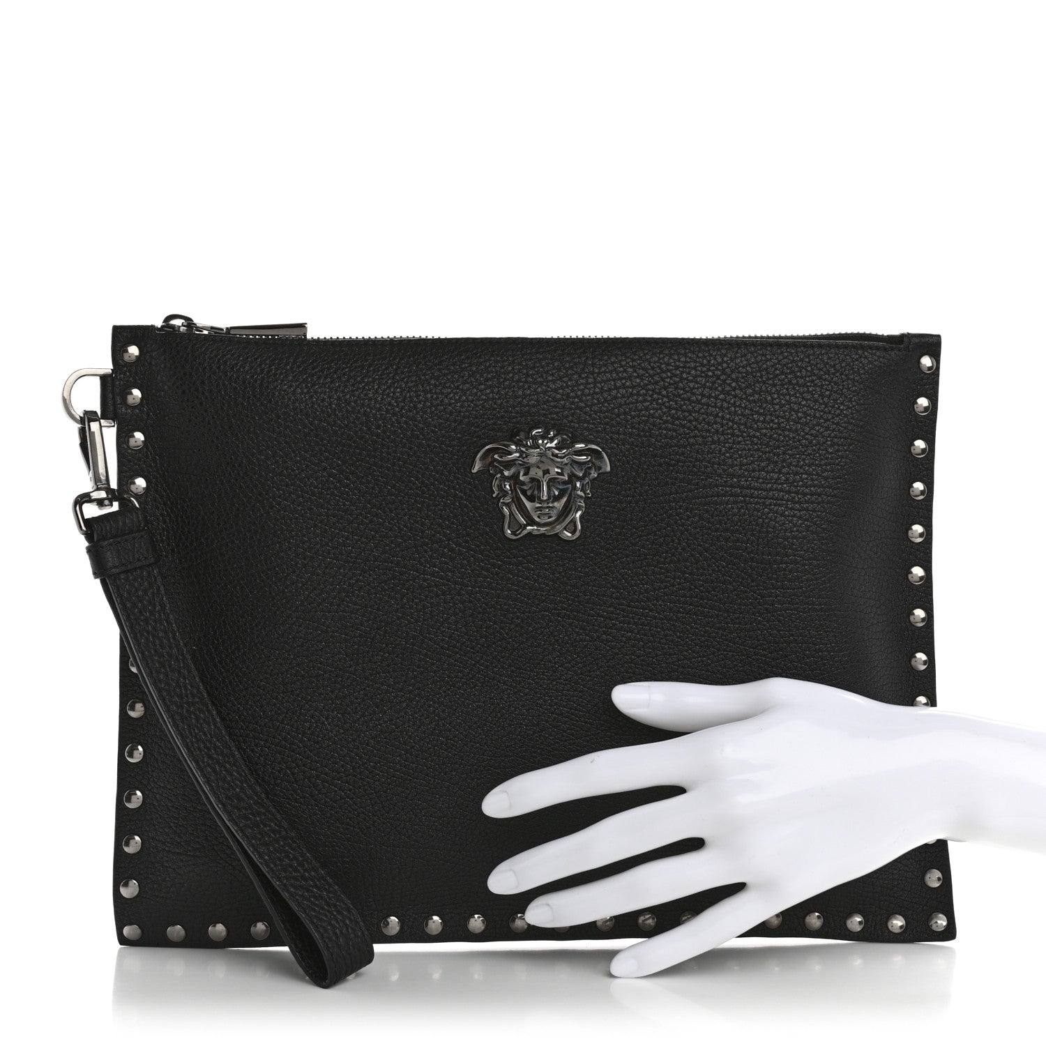 Versace Grained Calfskin Studded Medusa Wristlet Pouch Black 2 of 10