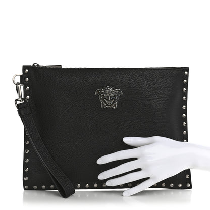 Versace Grained Calfskin Studded Medusa Wristlet Pouch Black 2 of 10