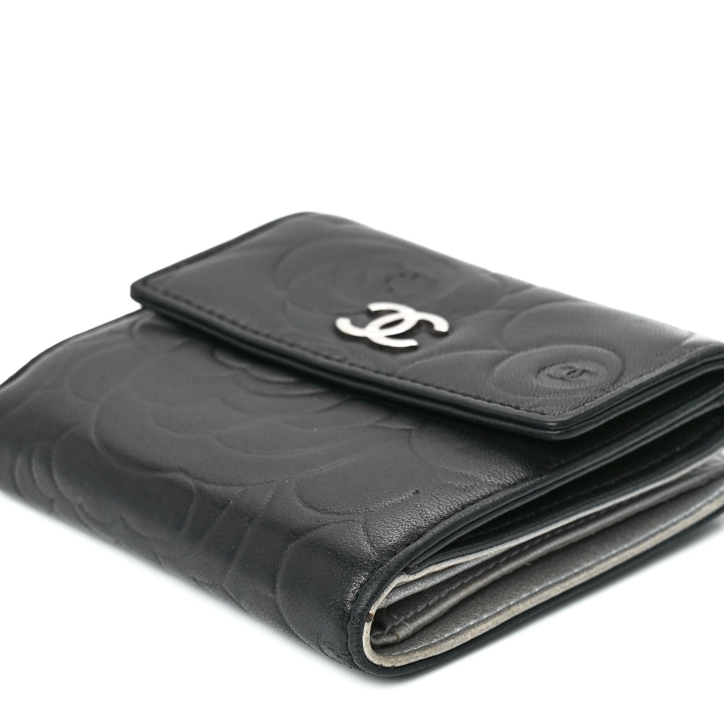 Lambskin Camellia Embossed Small Double Wallet Black