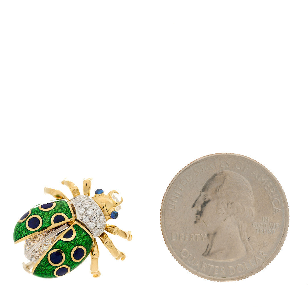 Tiffany 18K Yellow White Gold Diamond Enamel Ladybug Brooch Pin Green 2 of 6