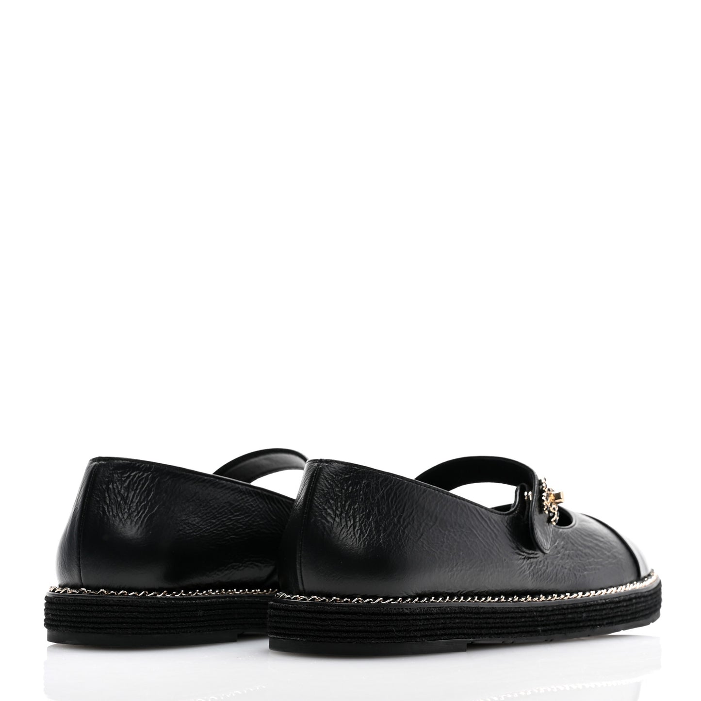 Crumpled Lambskin Cap Toe Chain CC Turnlock Mary Jane Flats 39 Black