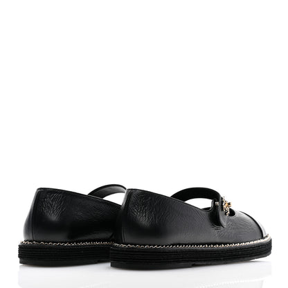 Chanel Crumpled Lambskin Cap Toe Chain CC Turnlock Mary Jane Flats 39 Black 4 of 9