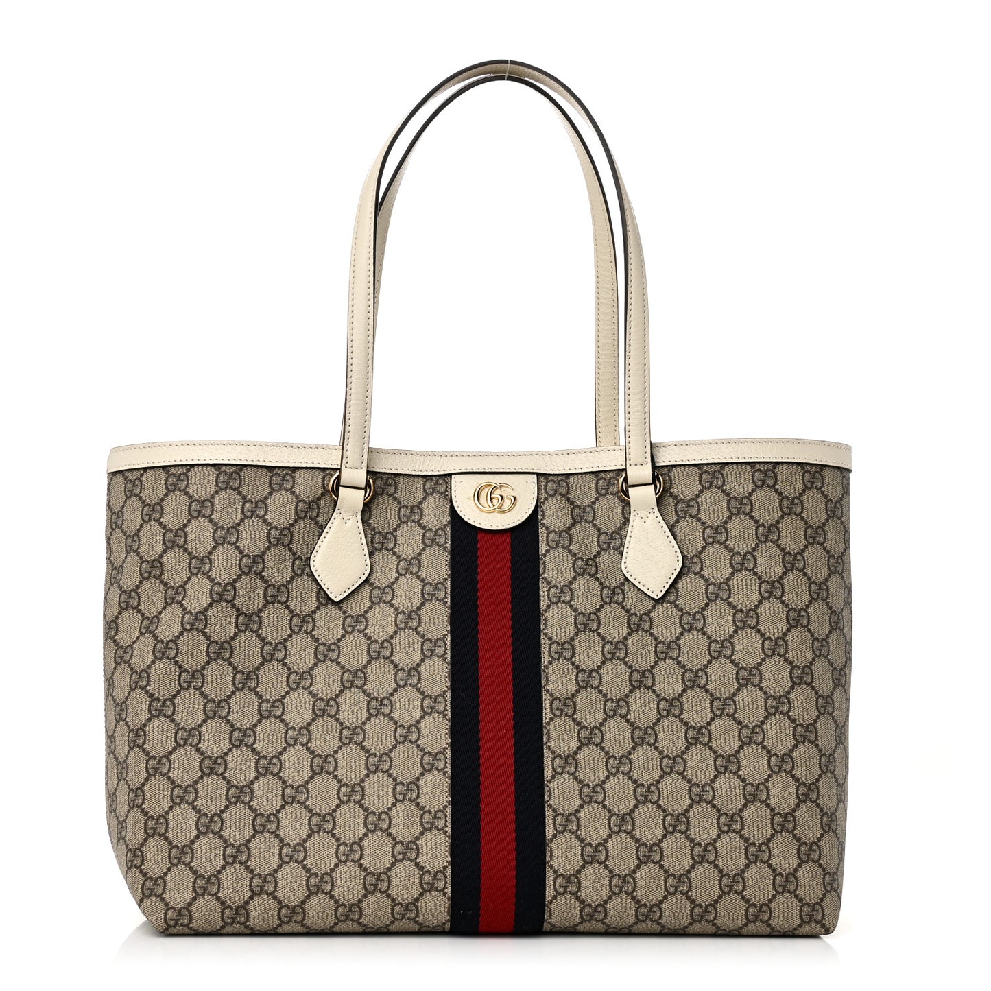 GG Supreme Monogram Textured Dollar Calfskin Web Medium Ophidia Shopping Tote Beige Ebony Mystic White