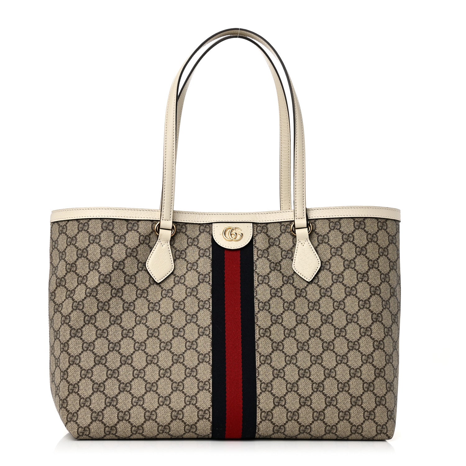 Gucci GG Supreme Monogram Textured Dollar Calfskin Web Medium Ophidia Shopping Tote Beige Ebony Mystic White 1 of 10