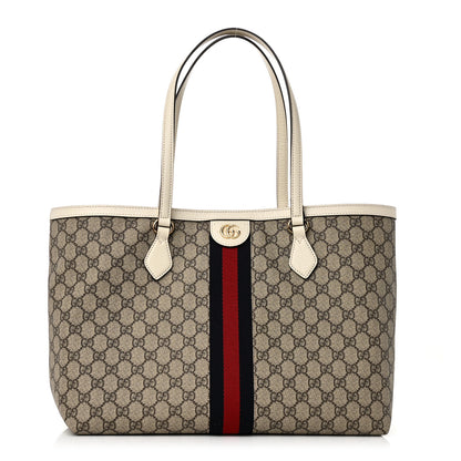 Gucci GG Supreme Monogram Textured Dollar Calfskin Web Medium Ophidia Shopping Tote Beige Ebony Mystic White 1 of 10