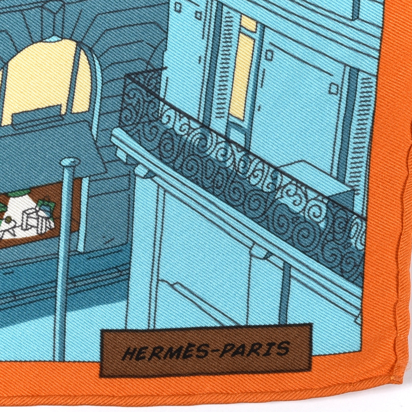 Hermes Silk Space Shopping Au Faubourg Pocket Square Scarf Bleu Orange Vert 2 of 6