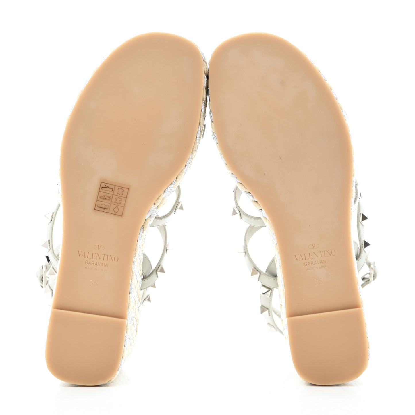Calfskin Rockstud Ankle Strap Torchon Espadrille Caged 25/95mm Wedge Sandals 38 Opal Grey Argento Champagne