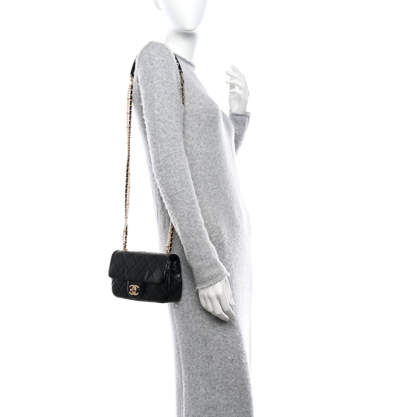 Calfskin Quilted Mini Rectangular Crystal Pearls Chain Flap Black