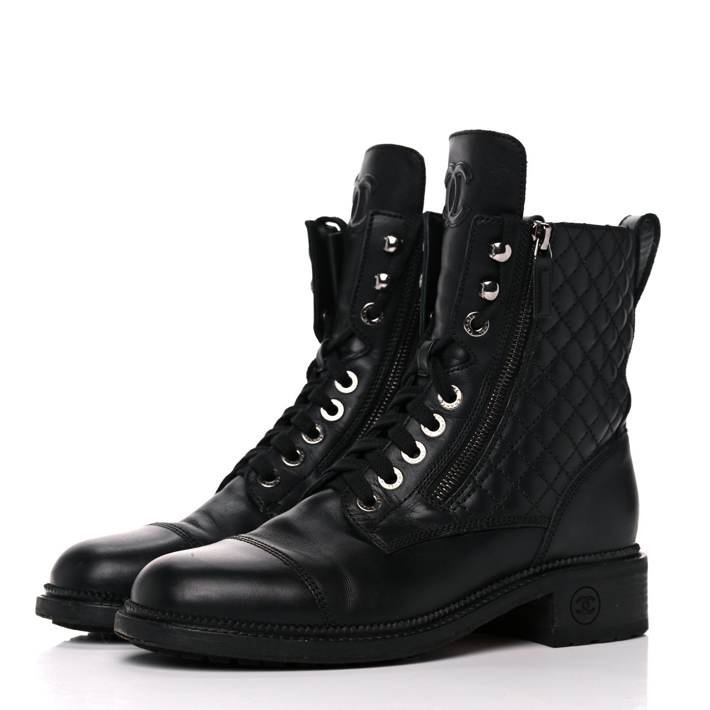 Calfskin Quilted Lace Up Combat Boots 40 Black