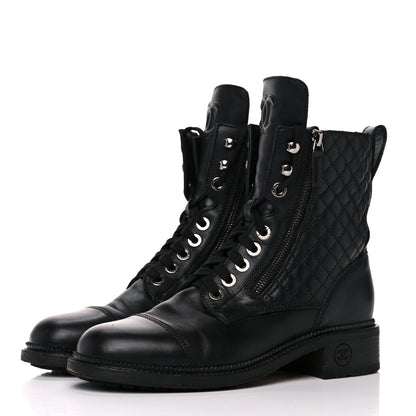 Chanel Calfskin Quilted Lace Up Combat Boots 40 Black 3 of 8