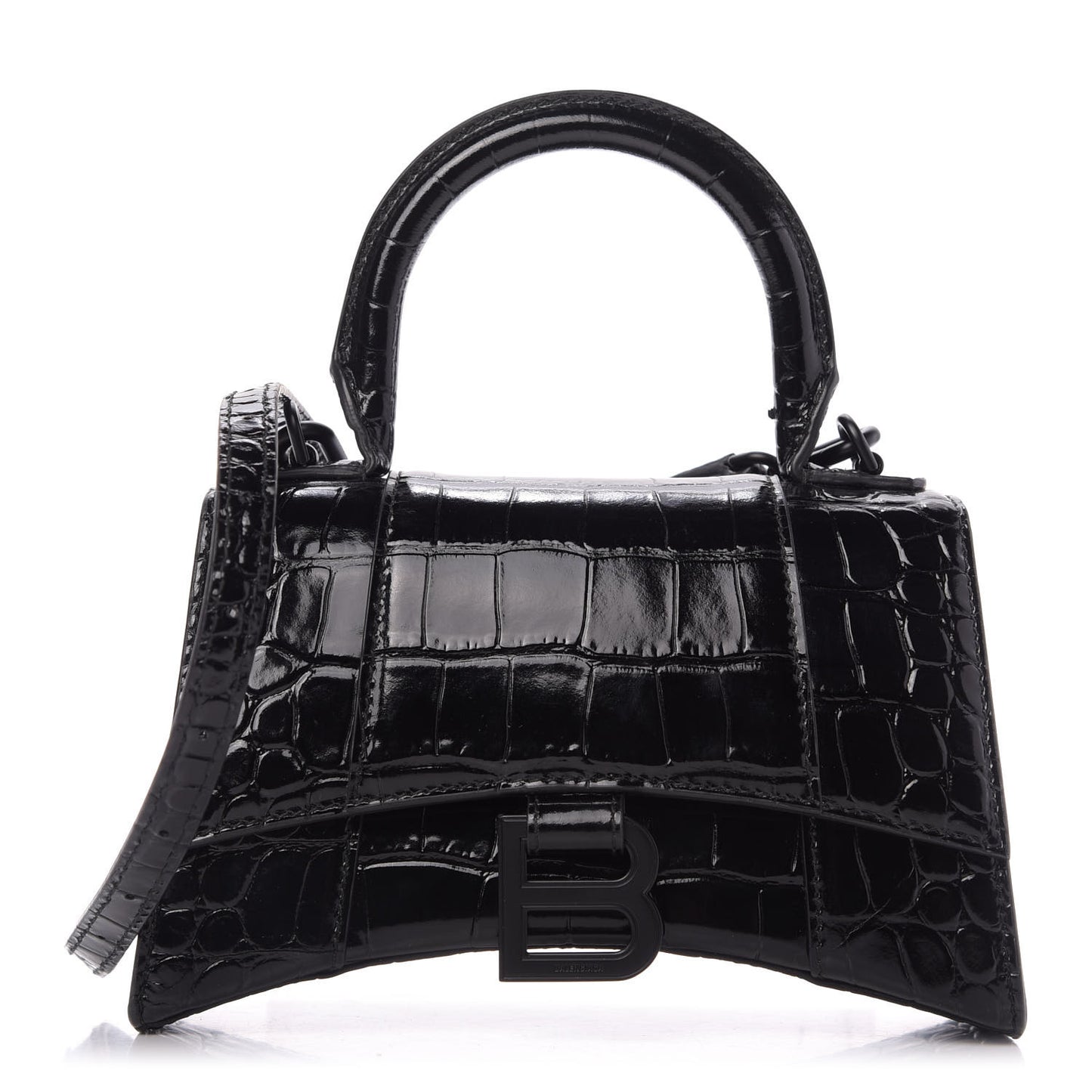 Shiny Calfskin Monochrome Crocodile Embossed Hourglass Top Handle Bag XS Black