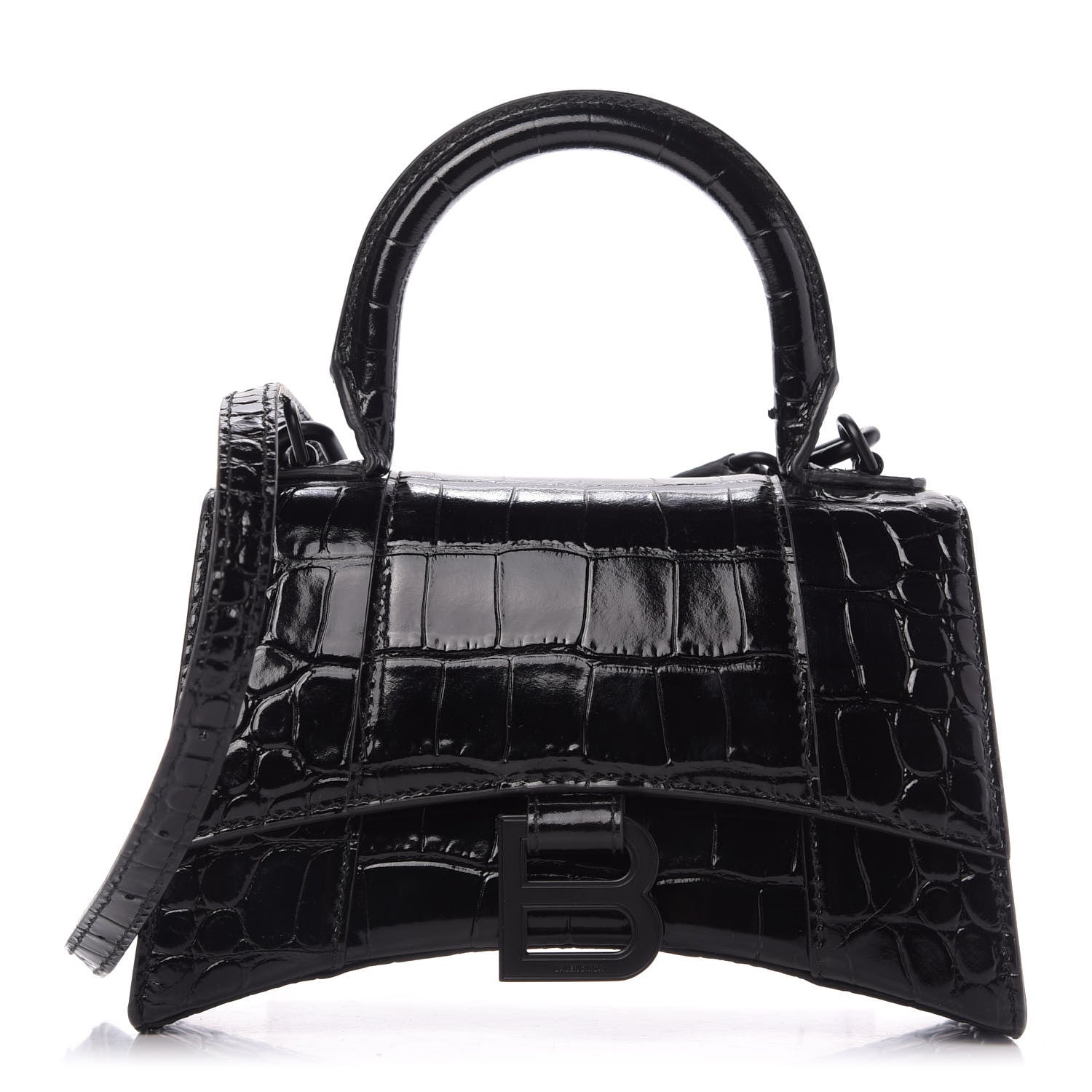 Balenciaga Shiny Calfskin Monochrome Crocodile Embossed Hourglass Top Handle Bag XS Black 1 of 9