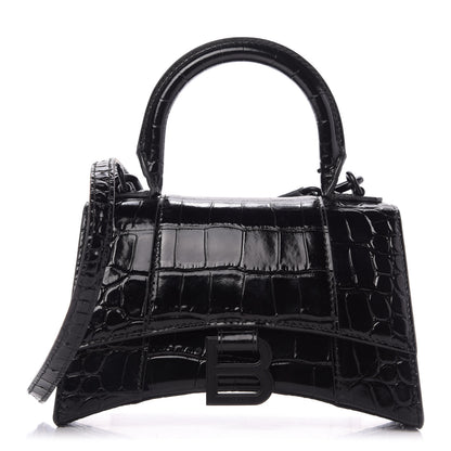 Balenciaga Shiny Calfskin Monochrome Crocodile Embossed Hourglass Top Handle Bag XS Black 1 of 9