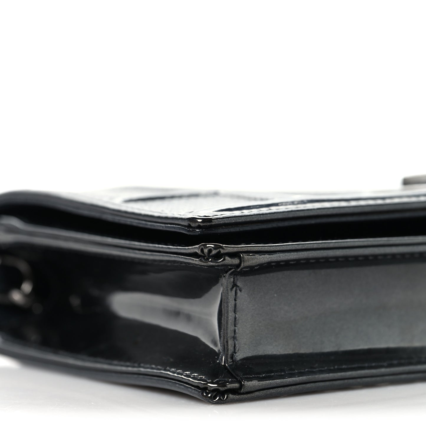 Metallic Patent Micro-Cannage Diorama Wallet on Chain Pouch Onyx Black