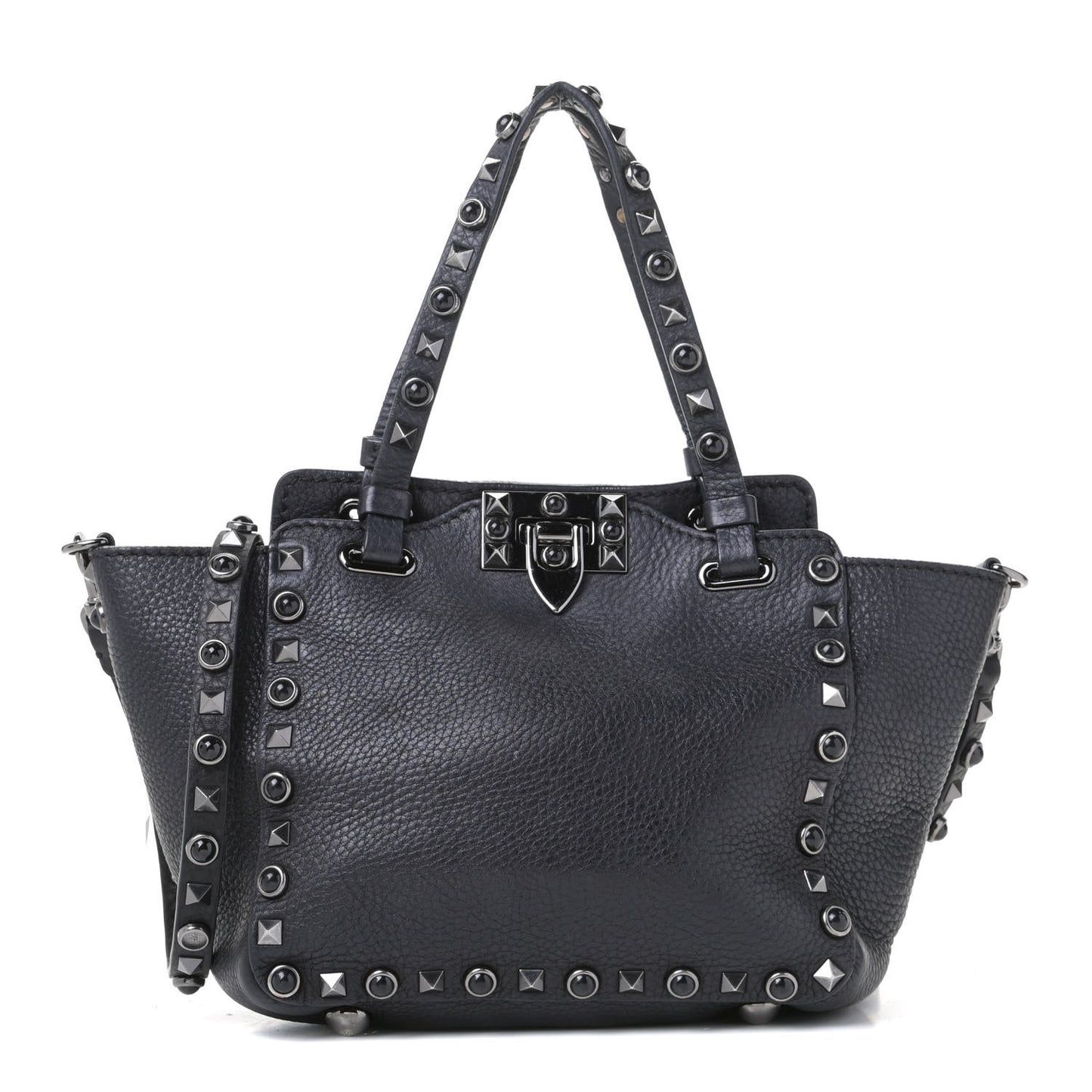 Pebbled Calfskin Onyx Mini Rockstud Rolling Tote Black