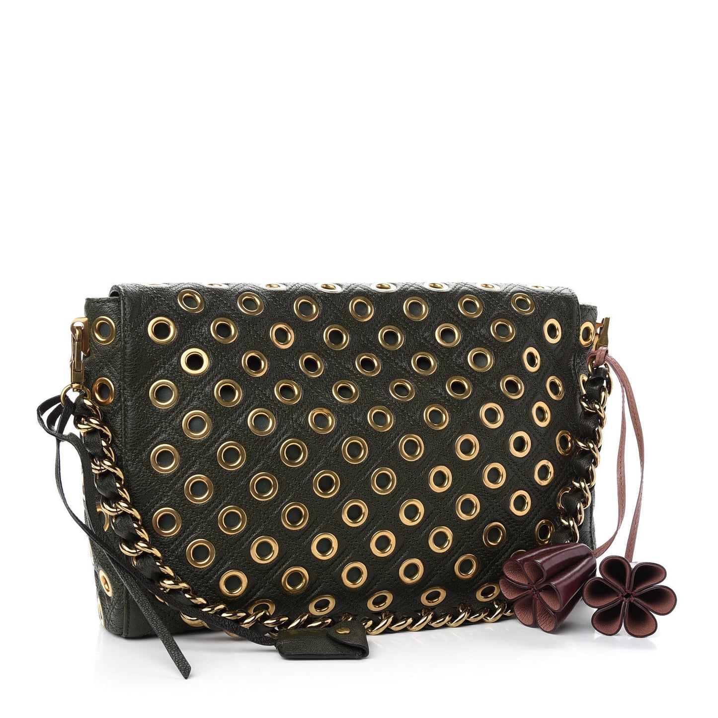 Goatskin Quilted Grommet Gotham Eyelet Shoulder Bag Bottle Green