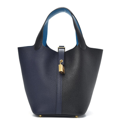 Hermes Taurillon Clemence Casaque Picotin Lock 18 PM Blue Nuit Black Bleu Frida 1 of 10