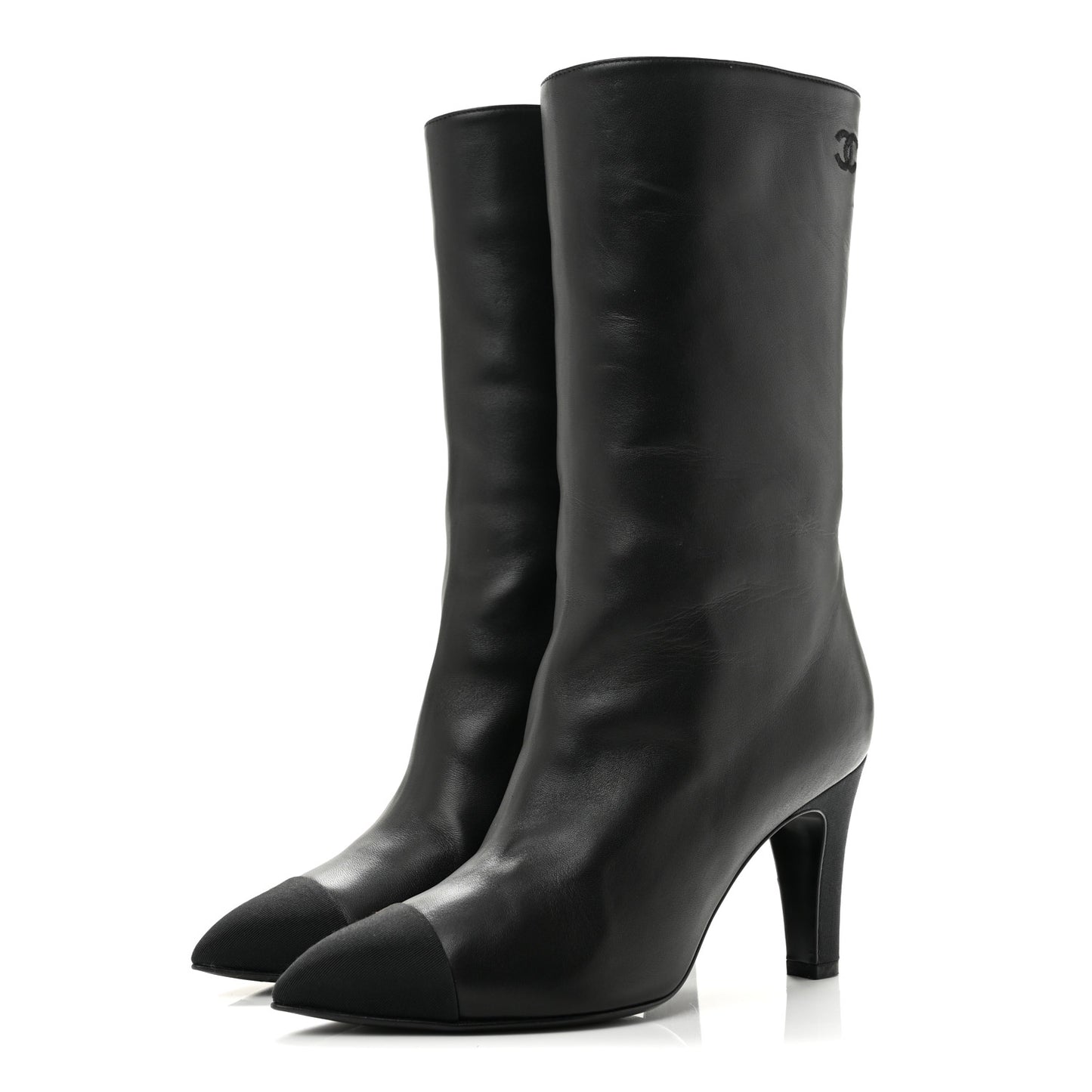 Lambskin Grosgrain Cap Toe Short Boots 35.5 Black