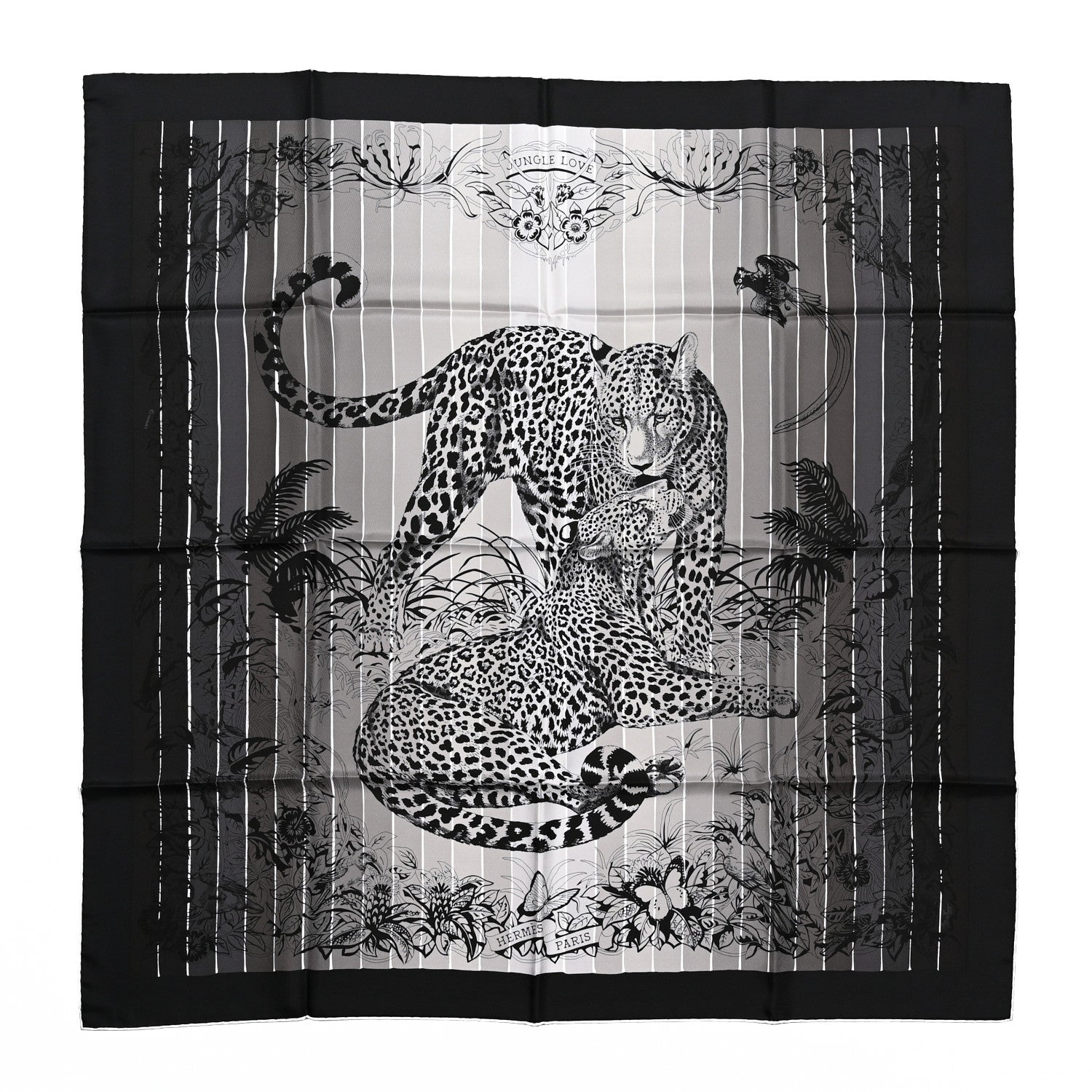 Hermes Silk Jungle Love Rainbow Scarf 90 Black Gris White 1 of 5