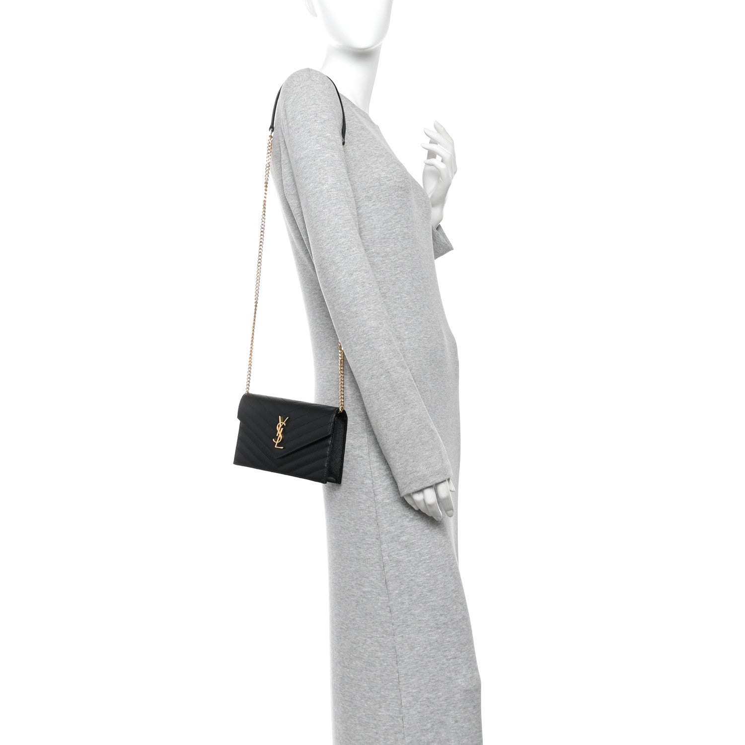 Saint Laurent Grain De Poudre Matelasse Chevron Monogram Envelope Chain Wallet Black 2 of 10