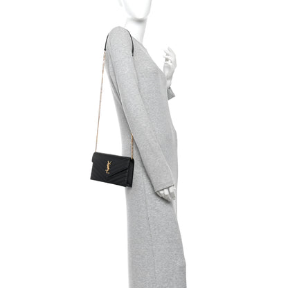 Saint Laurent Grain De Poudre Matelasse Chevron Monogram Envelope Chain Wallet Black 2 of 10
