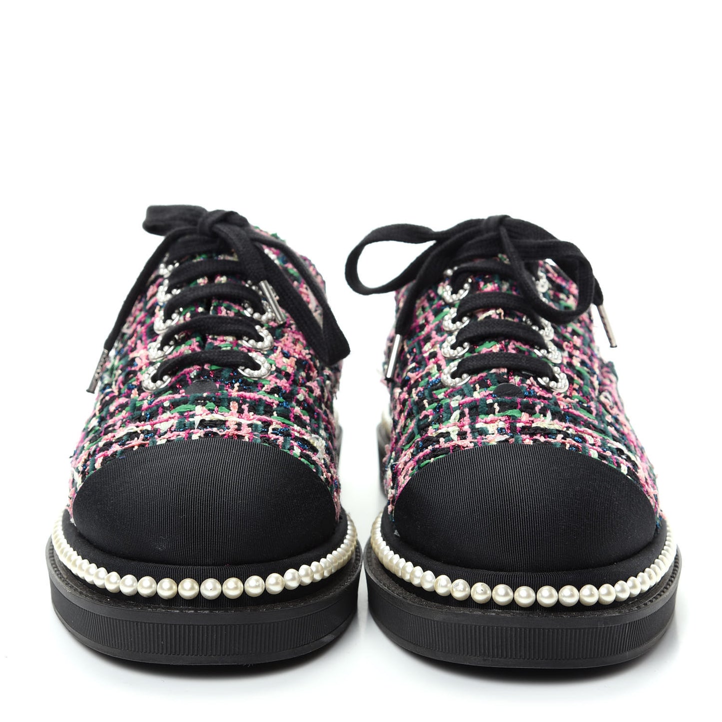 Metallic Tweed Grosgrain Pearl Lace Up Sneakers 39 Black Multicolor