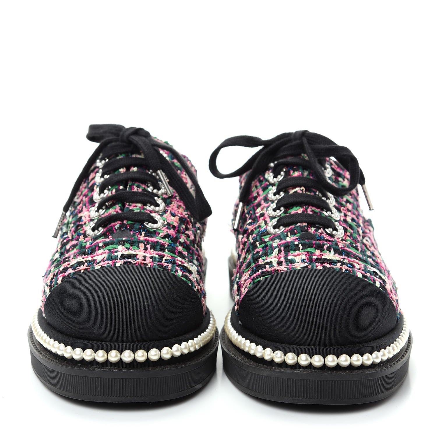 Chanel Metallic Tweed Grosgrain Pearl Lace Up Sneakers 39 Black Multicolor 2 of 10