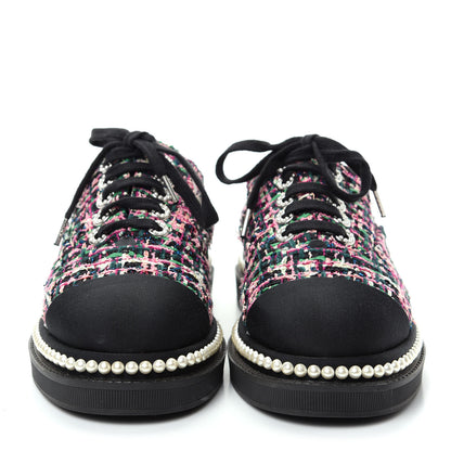 Chanel Metallic Tweed Grosgrain Pearl Lace Up Sneakers 39 Black Multicolor 2 of 10