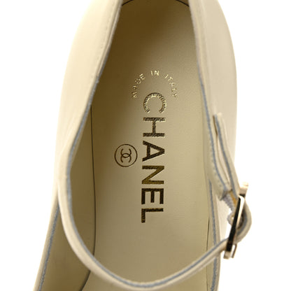 Chanel Lambskin Grosgrain Mary Jane Platform Pumps 38 Ivory Black 7 of 10