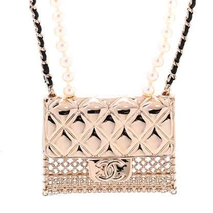 Chanel Metal Lambskin Pearl Chain Flap Bag Long Necklace Gold Black Pearly White 4 of 6