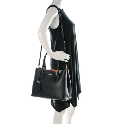 Prada Vitello Daino Small Double Tote Black Cuoio 2 of 7