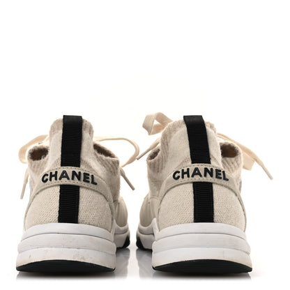 Chanel Knit Fabric Suede Calfskin Womens CC Sneakers 38.5 Ivory 6 of 13