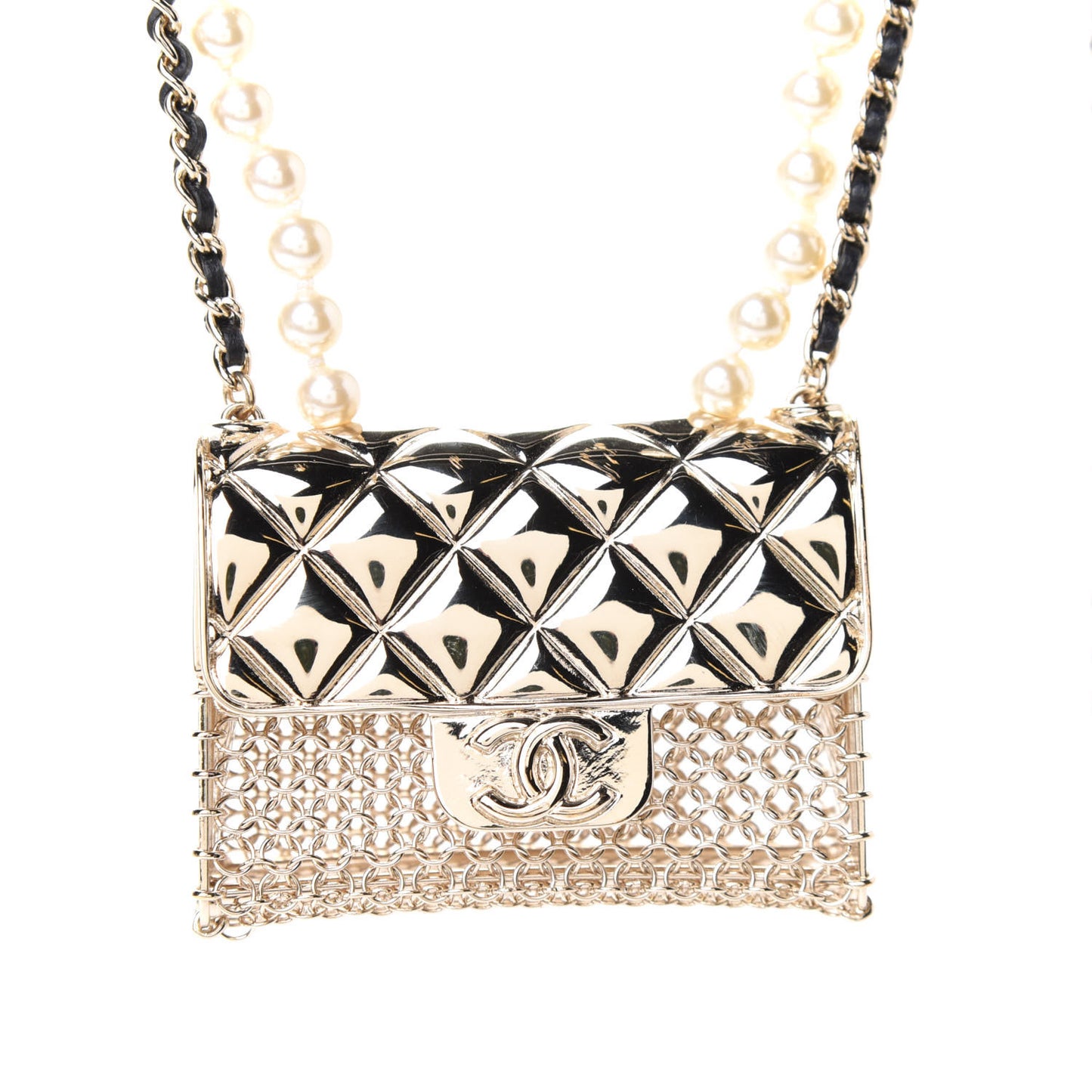 Metal Lambskin Pearl Chain Flap Bag Long Necklace Gold Black Pearly White