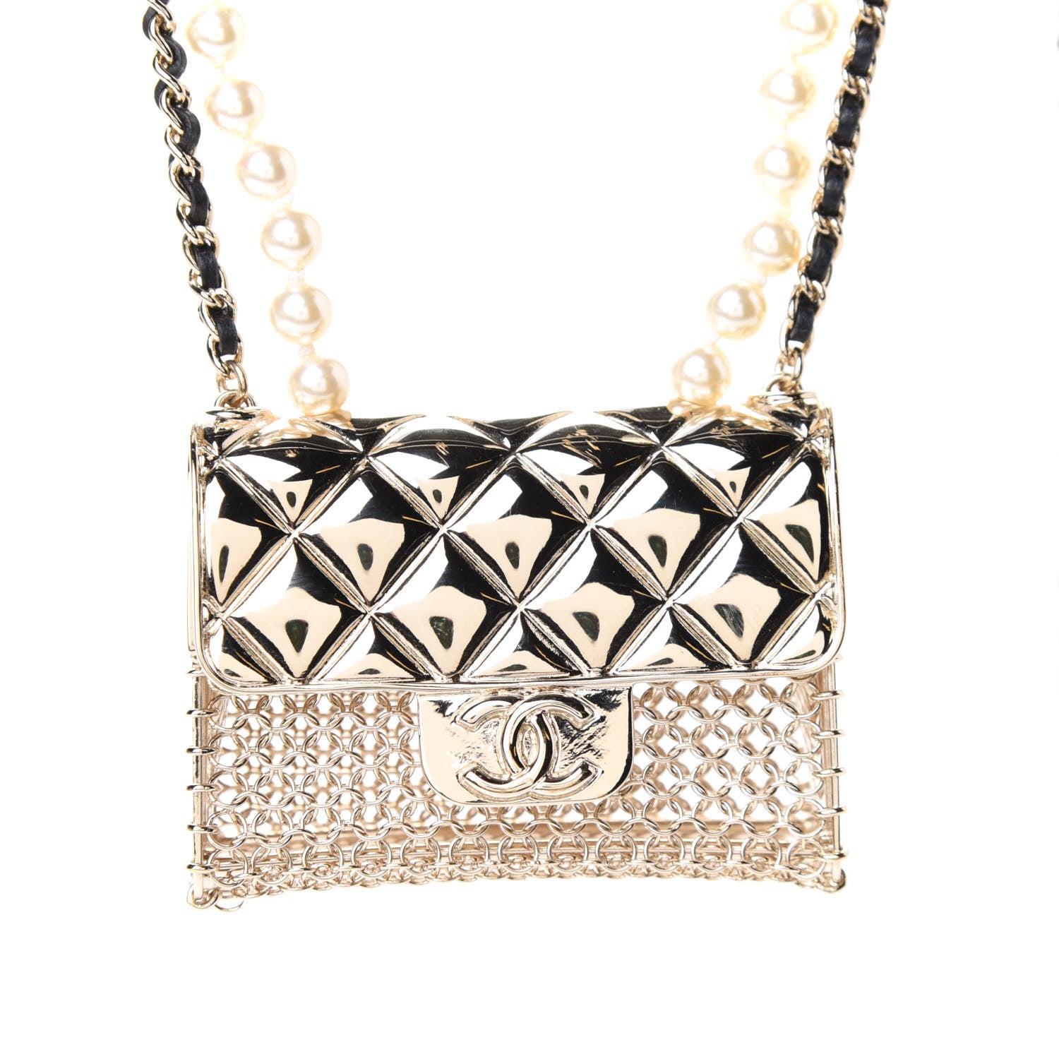 Chanel Metal Lambskin Pearl Chain Flap Bag Long Necklace Gold Black Pearly White 3 of 5