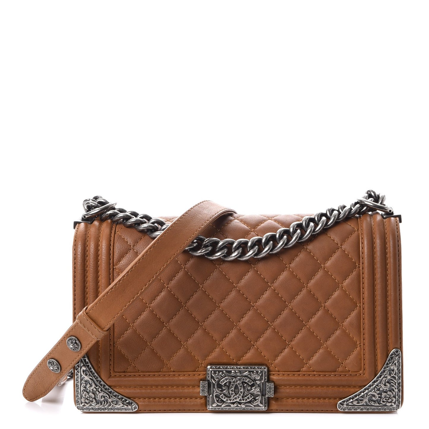 Calfskin Quilted Metal Embellished Paris Dallas Medium Boy Flap Beige