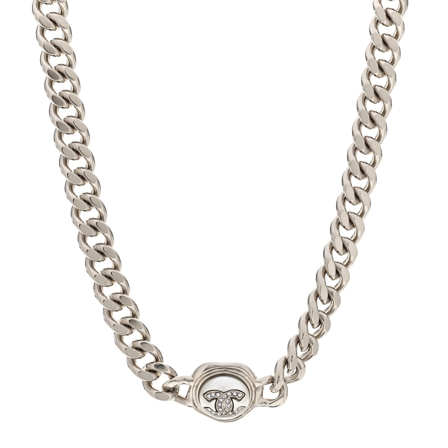 Pearl Crystal CC Chain Choker Necklace Silver