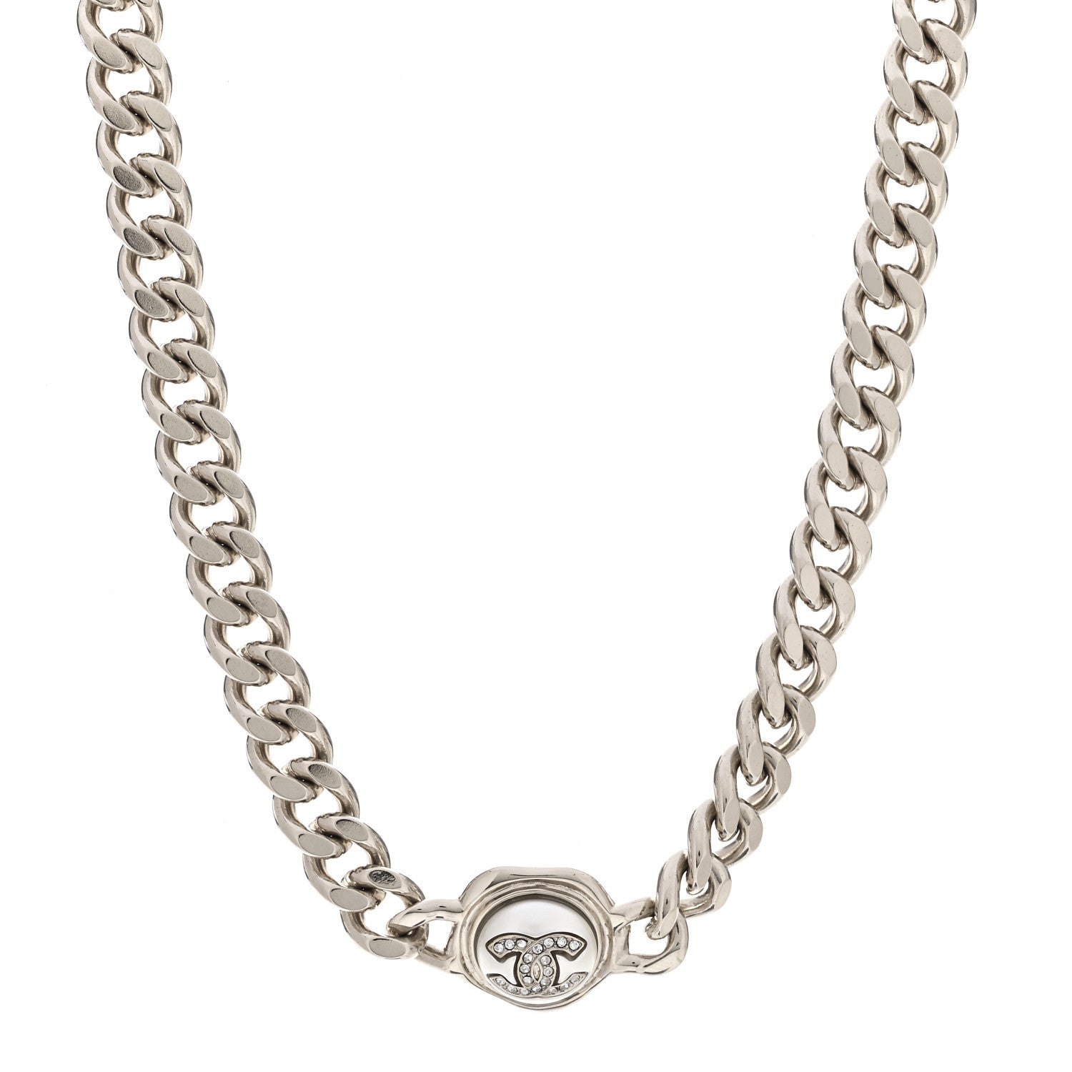 Chanel Pearl Crystal CC Chain Choker Necklace Silver 1 of 3