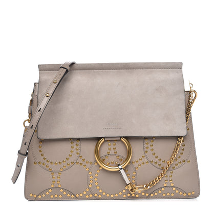 Chloe Calfskin Suede Studded Medium Faye Shoulder Bag Motty Grey 1 of 7